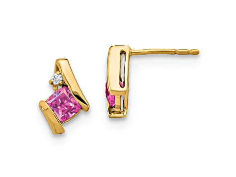 10k Yellow Gold 0.64ctw Cushion Lab Created Pink Sapphire Birthstone and Diamond Stud Earrings