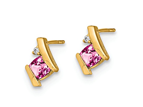 10k Yellow Gold 0.64ctw Cushion Lab Created Pink Sapphire Birthstone and Diamond Stud Earrings