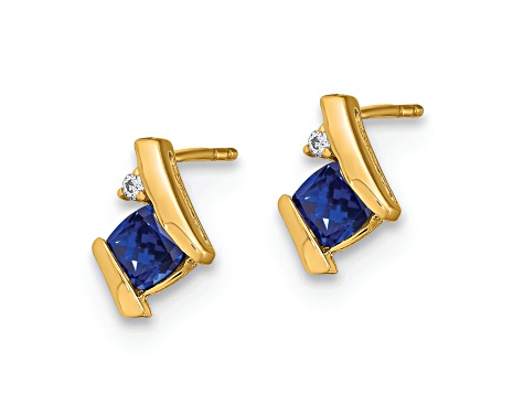 10k Yellow Gold 0.64ctw Cushion Lab Created Sapphire September Birthstone and Diamond Stud Earrings