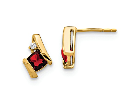 10k Yellow Gold 0.64ctw Cushion Garnet January Birthstone and Diamond Stud Earrings