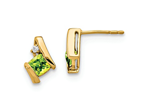 10k Yellow Gold 0.64ctw Cushion Peridot August Birthstone and Diamond Stud Earrings