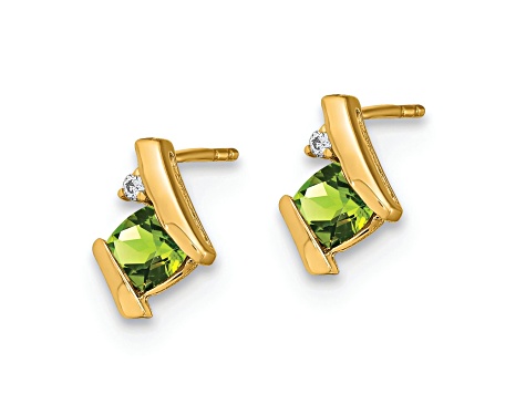 10k Yellow Gold 0.64ctw Cushion Peridot August Birthstone and Diamond Stud Earrings