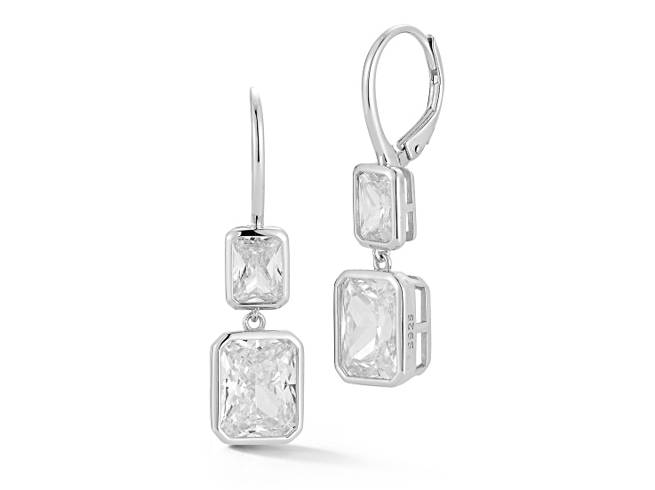 Rachel Zoe Rhodium Over Sterling Silver Graduated Radiant Cut Dangle Earrings with Cubic Zirconia