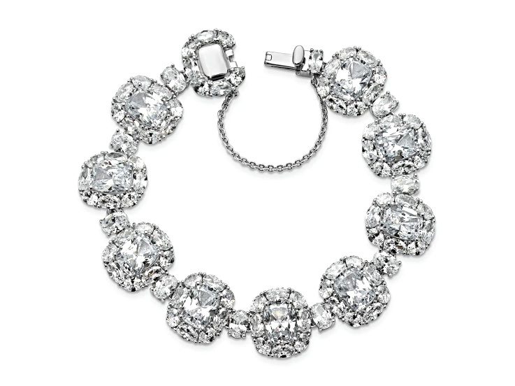 Rhodium Over Sterling Silver Polished Fancy Cubic Zirconia Halo Cluster Bracelet