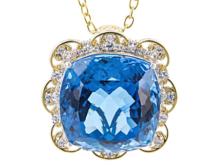 Kashmir Blue Topaz & White Zircon 24k Gold Over Palladium Silver Pendant W/ Chain 64.82ctw