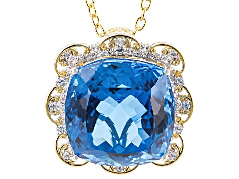 Kashmir Blue Topaz & White Zircon 24k Gold Over Palladium Silver Pendant W/ Chain 64.82ctw