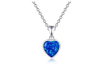 Picture of Lab Created Blue Opal Heart Shaped Rhodium Over Sterling Silver Pendant Style Necklace