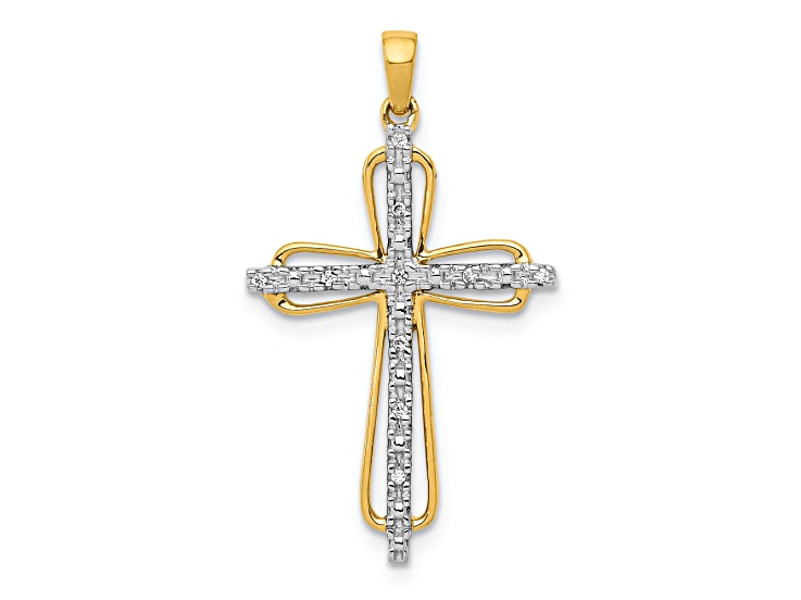 14K Yellow Gold and Rhodium 0.03ct. Diamond Cross Pendant