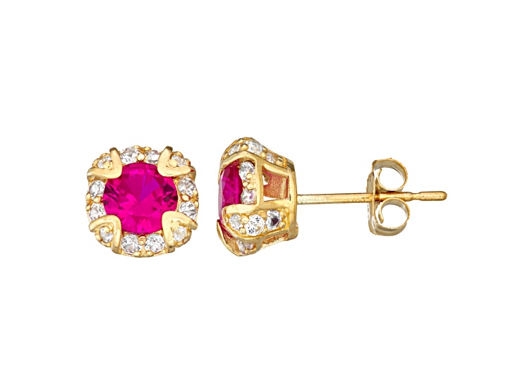 Round Lab Created Ruby 10K Yellow Gold Stud Earrings 1.08ctw