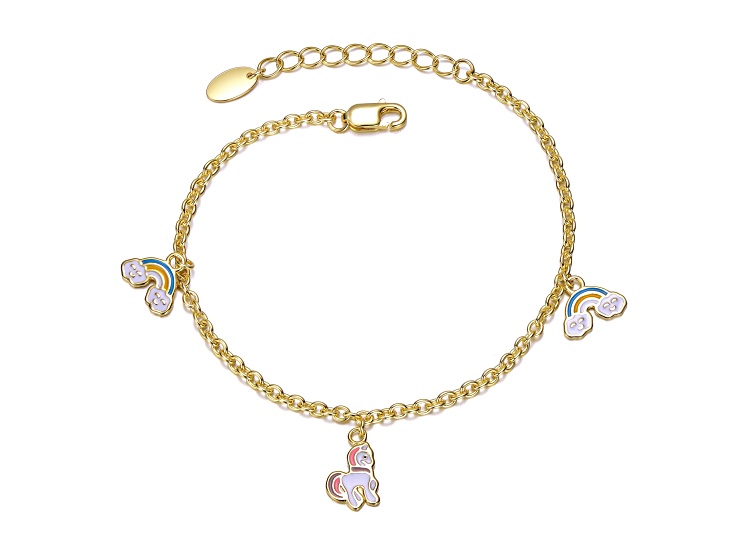 14K Gold Plated over Sterling Silver with Rainbow and Horse Charm Bracelet for Kids