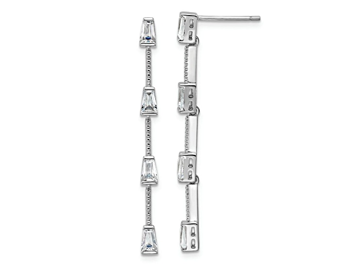Rhodium Over Sterling Silver Polished Beaded Cubic Zirconia Post Dangle Earrings