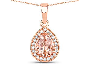 Peach Morganite and White Diamond 14K Rose Gold Pear Halo Teardrop Necklace 1.01ctw