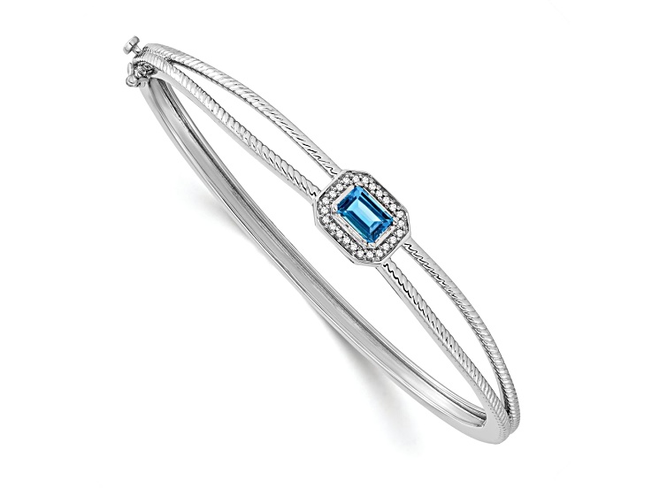 Rhodium Over 14k White Gold Emerald-shape Blue Topaz and Diamond Halo Bangle