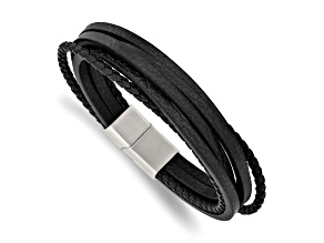 Black Leather and Stainless Steel Brushed Multi Strand 8-inch Bracelet