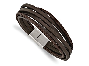 Brown Leather and Stainless Steel Brushed Multi Strand 8-inch Bracelet