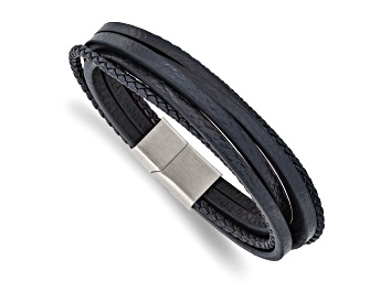 Picture of Navy Blue Leather and Stainless Steel Brushed Multi Strand 8-inch Bracelet
