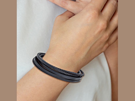 Navy Blue Leather and Stainless Steel Brushed Multi Strand 8-inch Bracelet