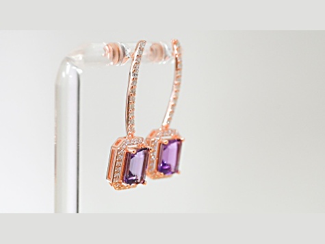 Amethyst and CZ 3.19 Ctw Octagon 18K Rose Gold Over Sterling Silver Dangle Earrings