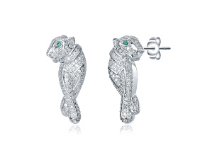 Emerald Green Cubic Zirconia, Rhodium Plated over Brass Walking Panther Earrings