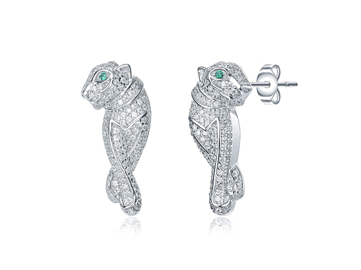 Emerald Green Cubic Zirconia, Rhodium Plated over Brass Walking Panther Earrings