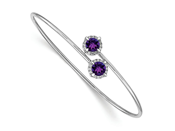 Rhodium Over 14k White Gold Amethyst and Diamond Flexible Bangle
