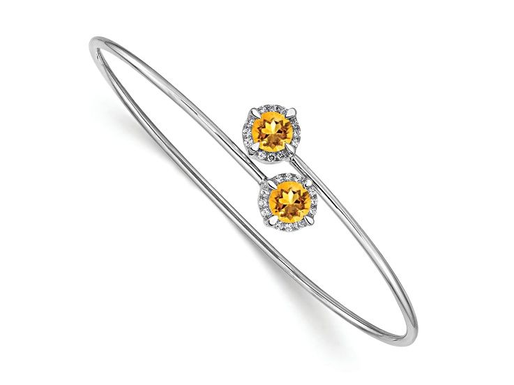 Rhodium Over 14k White Gold Citrine and Diamond Flexible Bangle