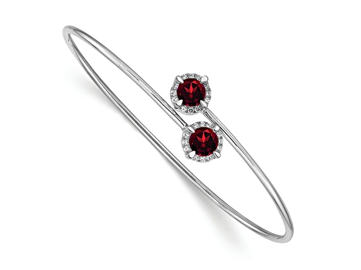 Rhodium Over 14k White Gold Garnet and Diamond Flexible Bangle