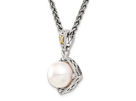 Sterling Silver Antiqued with 14K Accent Freshwater Cultured Pearl and Diamond Necklace