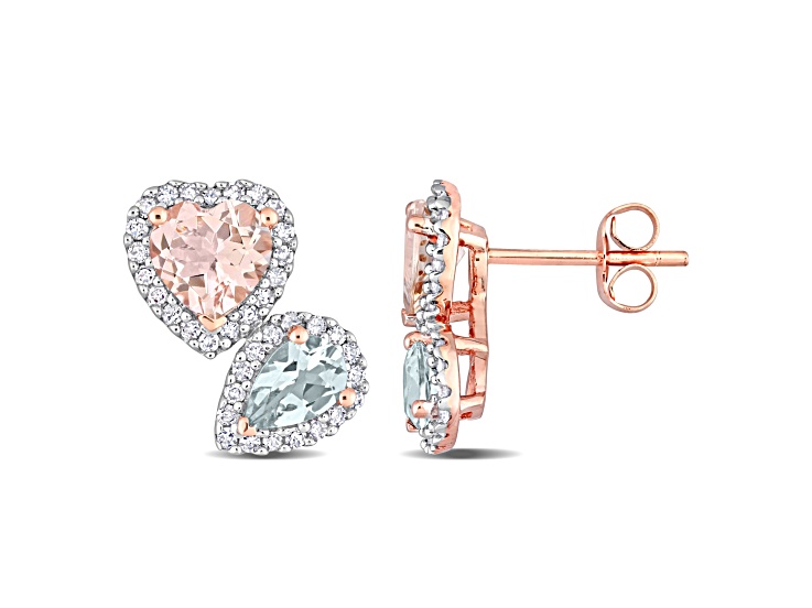 2.10ctw Morganite, Aquamarine and 0.37ctw Diamond 10k Rose Gold Halo Earrings