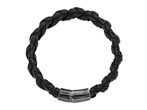 Black Leather and Stainless Steel 8.75-inch Bracelet