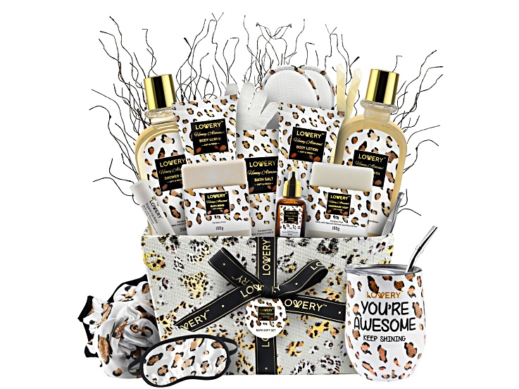 Lovery Home Spa Kit in Honey Almond Scent - Leopard Luxury Gift Basket - 21 pcs