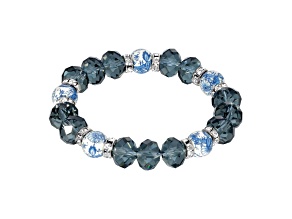 1928 Jewelry Silver Tone Dark Blue and Blue Willow Beaded Stretch Bracelet