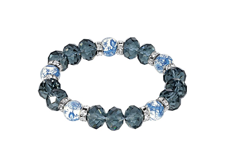 1928 Jewelry Silver Tone Dark Blue and Blue Willow Beaded Stretch Bracelet