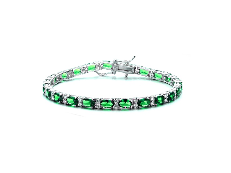 Emerald Green Cubic Zirconia, Rhodium Plated over Brass Tennis Bracelet