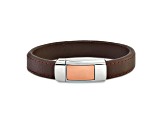 Brown Leather and Stainless Steel Rose IP-plated 7-inch Bracelet