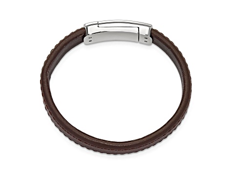 Brown Leather and Stainless Steel Rose IP-plated 7-inch Bracelet