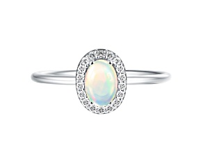 Oval Ethiopian Opal Rhodium Over Sterling Silver Halo Ring