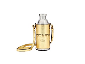 Fendi Roma Logo Steel Bottle and Gold Leather Holder Set