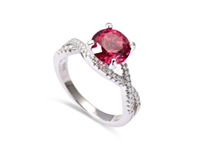 Red Lab Created Ruby with Moissanite Accent Rhodium Over Sterling Silver Ring