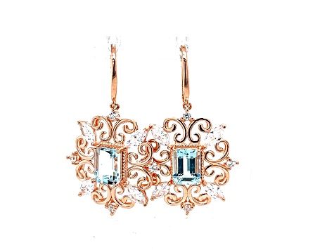 Aquamarine and White Cubic Zirconia 18K Rose Gold Over Sterling Silver Earrings 3.20ctw