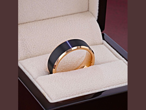 HAYDEN Rose Gold Plated Tungsten Polished Beveled Ring with Brushed Black Center 8mm