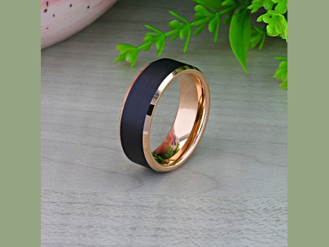 HAYDEN Rose Gold Plated Tungsten Polished Beveled Ring with Brushed Black Center 8mm