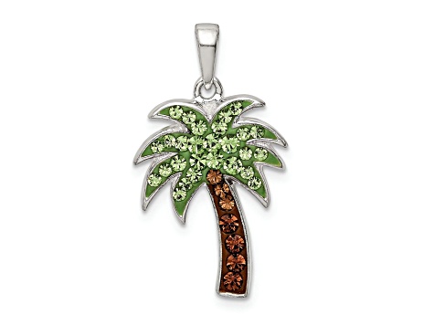 Rhodium Over Sterling Silver Polished Crystal Palm Tree Pendant
