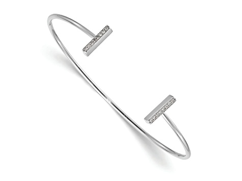 Rhodium Over 14K White Gold 1mm flexible Diamond Bar Bangle