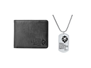 Black Leather Lionhead Wallet and Lion Dog Tag Pendant Set