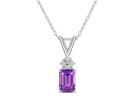 7x5mm Emerald Cut Amethyst with Diamond Accents 14k White Gold Pendant With Chain