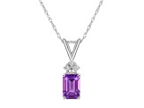 7x5mm Emerald Cut Amethyst with Diamond Accents 14k White Gold Pendant With Chain