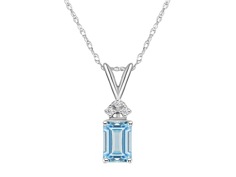 7x5mm Emerald Cut Aquamarine with Diamond Accents 14k White Gold Pendant With Chain