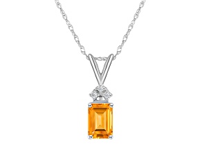 7x5mm Emerald Cut Citrine with Diamond Accents 14k White Gold Pendant With Chain