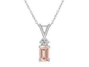 7x5mm Emerald Cut Morganite with Diamond Accents 14k White Gold Pendant With Chain
